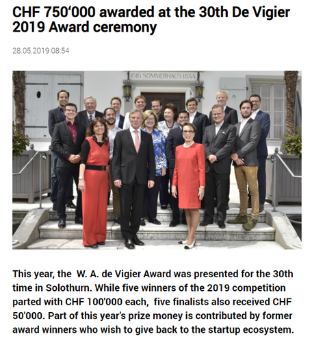 CHF 750‘000 awarded at the 30th De Vigier 2019 Award ceremony