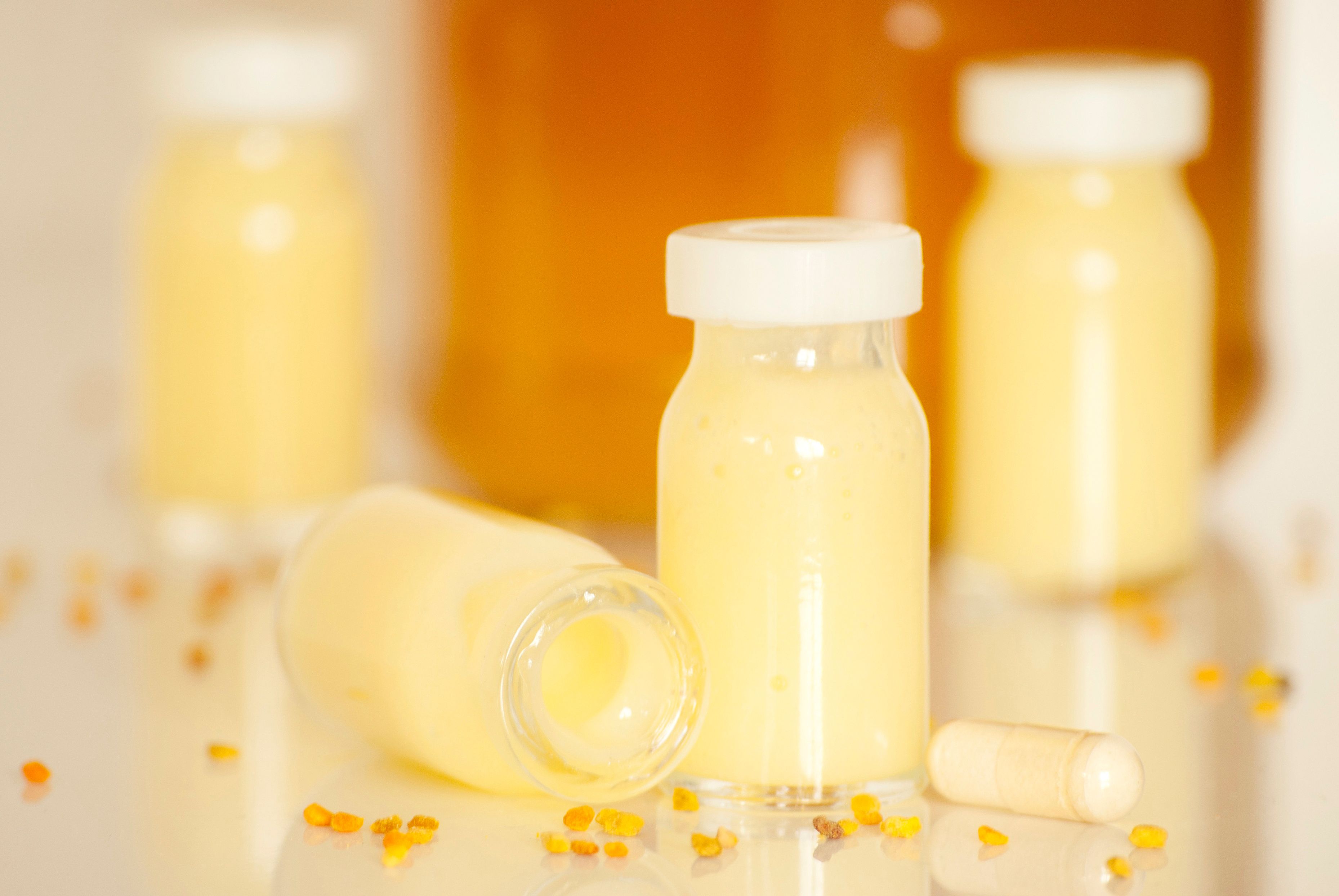 Royal jelly is sold in various forms, such as a gel-like substance or freeze-dried powder capsules.