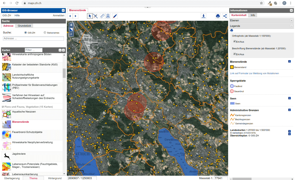 Snapshot of the GIS-map of apiaries in the canton of Zürich. Note the red circles which indicates that these areas are affected with «European Foulbrood» or «American Foulbrood». Besides seeing other apiary, this map is also a useful tool in recognising diseases.