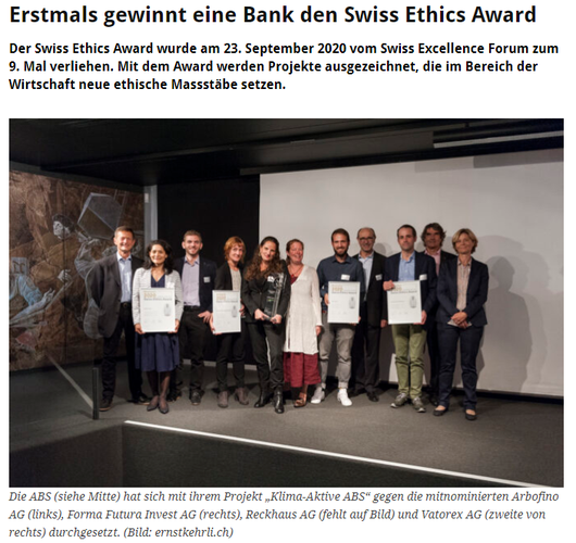Erstmals gewinnt eine Bank den Swiss Ethics Award